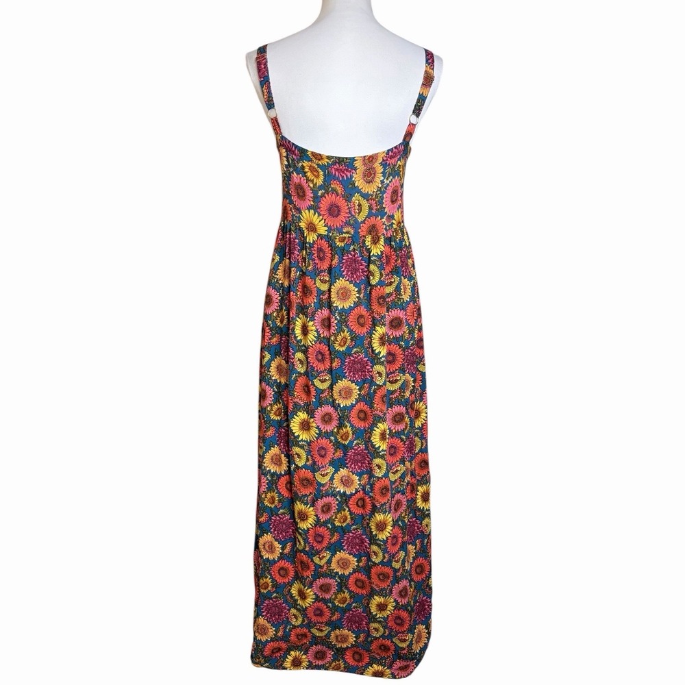 Natural Life Patti Maxi Dress L Teal Sunflower Tie Front Empire Waist Side Slit - Picture 4 of 9